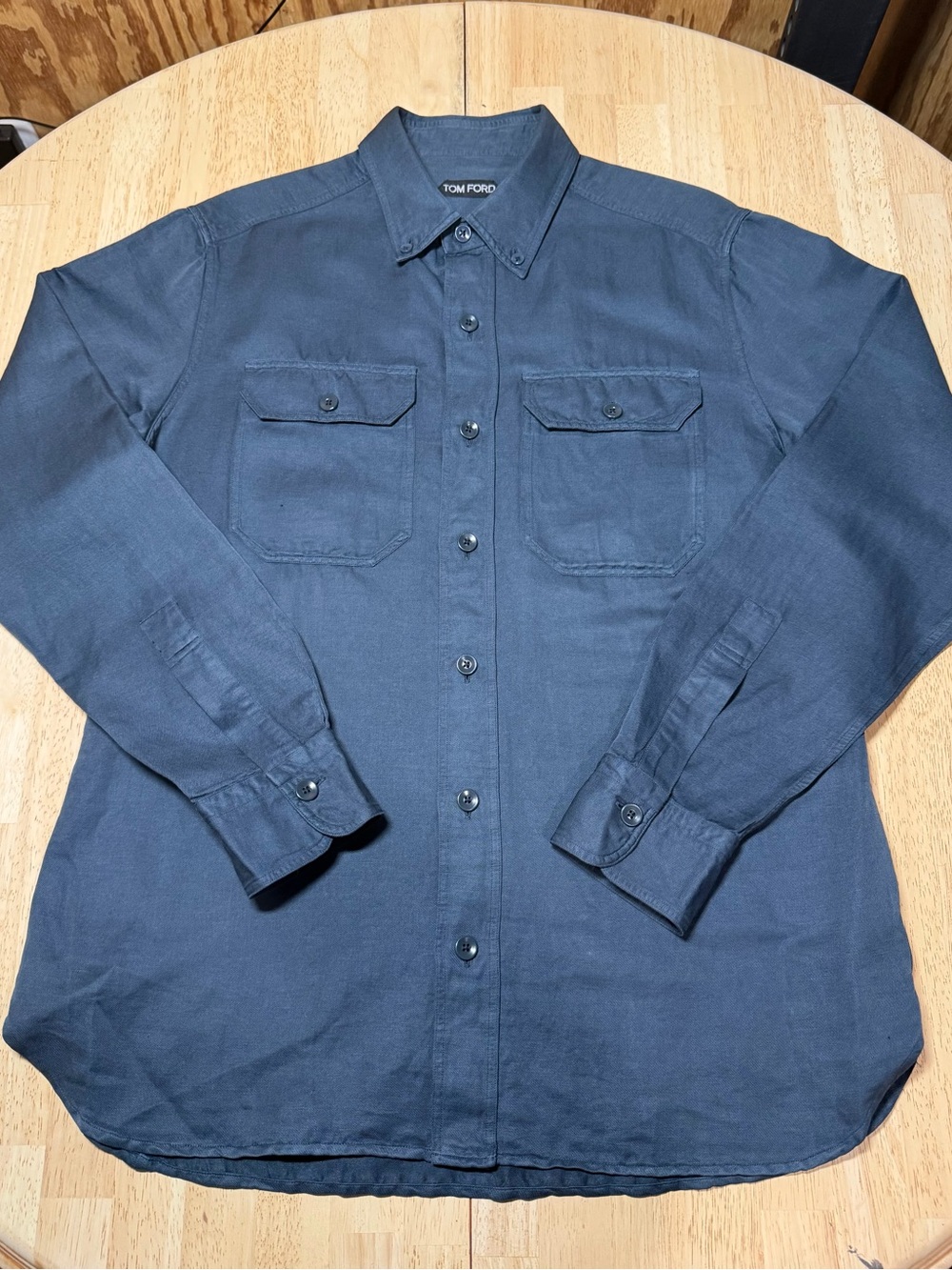 Tom Ford Military Shirt Mens 41 16 Blue Linen Cotton Button Down Luxury Large